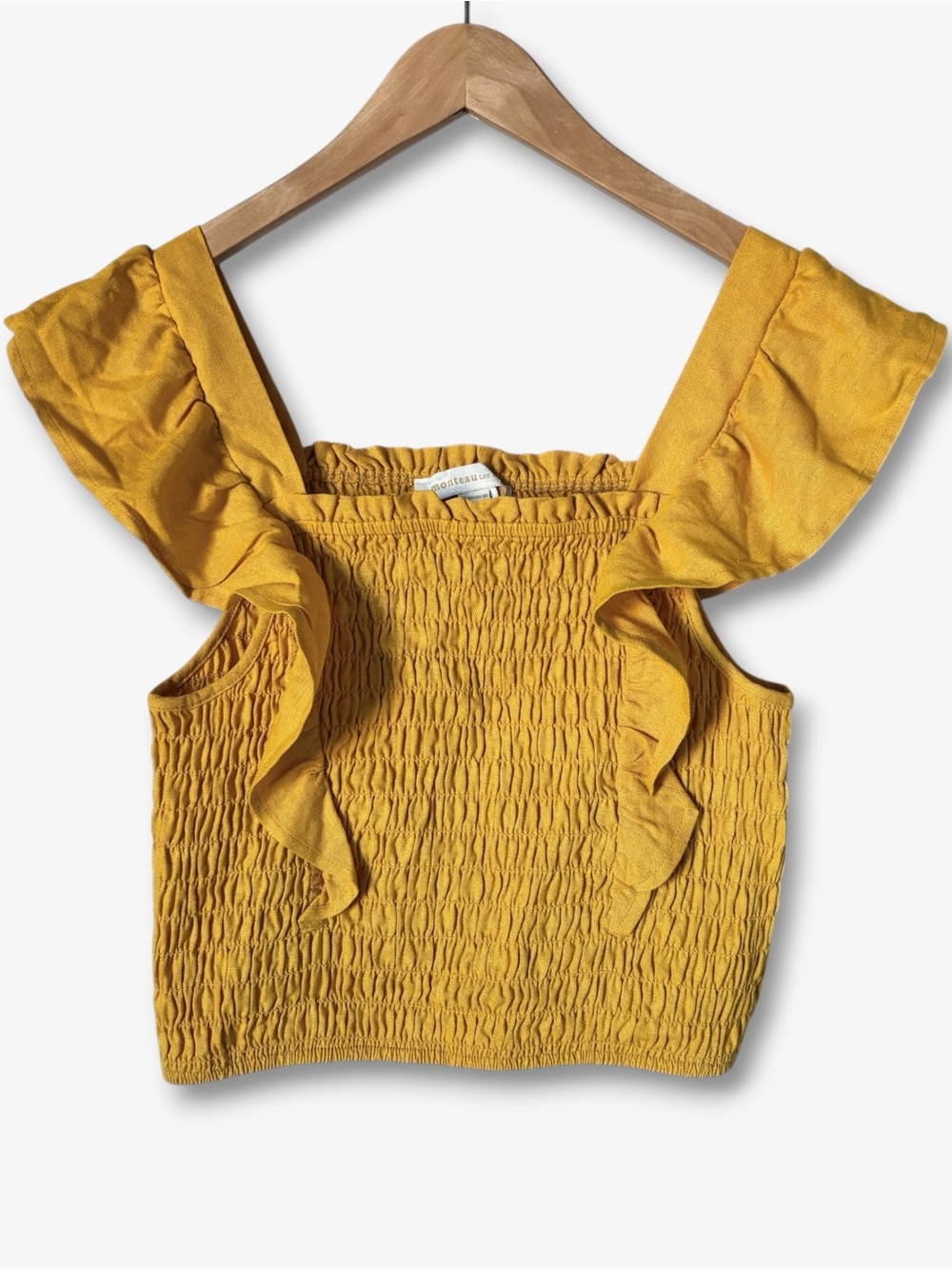 Monteau Linen Ruffled Smocked Yellow Crop Top Womens Small Boho Cottagecore Y2K